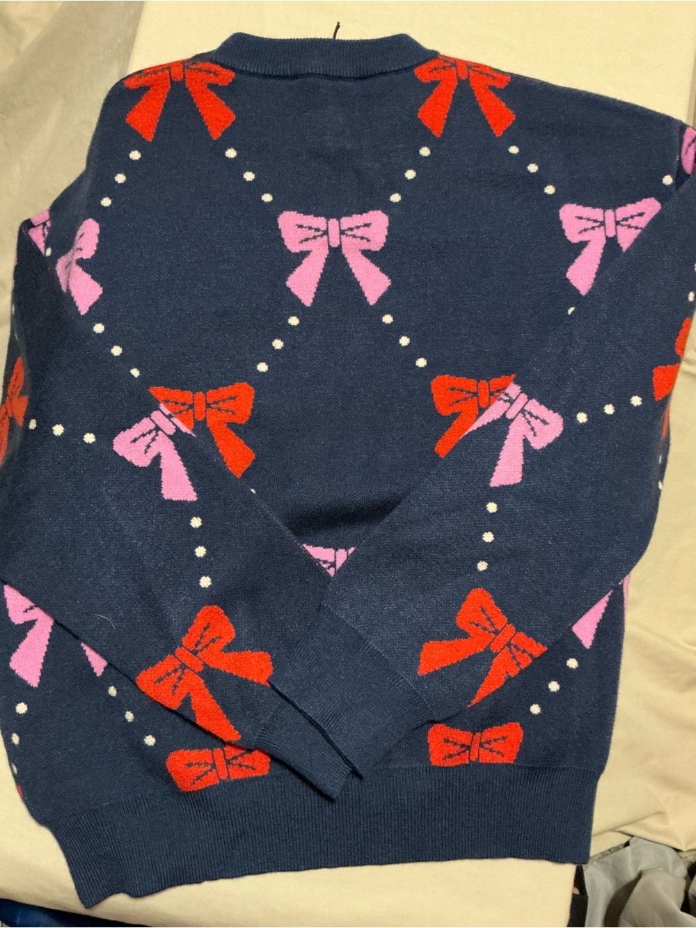 THML Navy Bow-Print Crew Neck Sweater with Pink & Red Bows - Picture 2 of 3